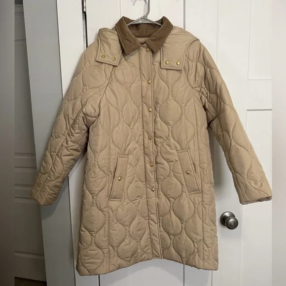 Barn style J. Crew Quilted Puffer Coat jacket in Beige with Corduroy Collar - Picture 1 of 9
